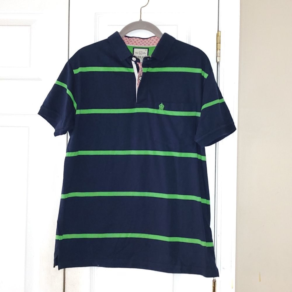 Boys Array navy and green striped polo shirt  Sz XL